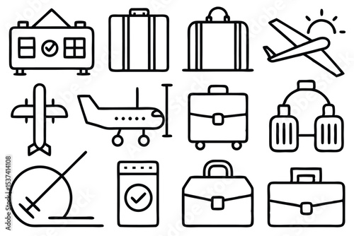 Vector icons of travel luggage and airplanes for flight transportation and international journeys