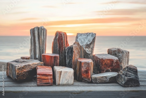 Petrified wood pieces displayed on a wooden surface with a soft, colorful sunset and ocean backdrop, creating a peaceful, natural scene.
