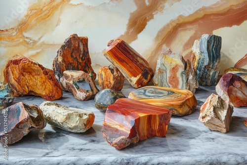 A collection of vibrant, polished petrified wood pieces displayed on a marble surface against a swirling, earth-toned backdrop, showcasing unique colors and patterns.