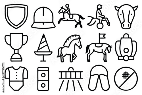 Minimalist icon set depicting equestrian sport and related elements in black and white