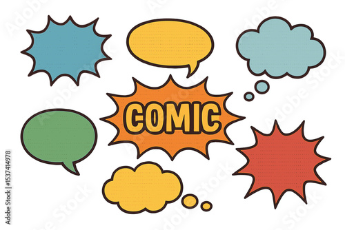 A large collection of cartoon and comic speech bubbles, including empty dialog clouds featuring a halftone dot background, is presented in a pop art style vector illustration suitable for comics