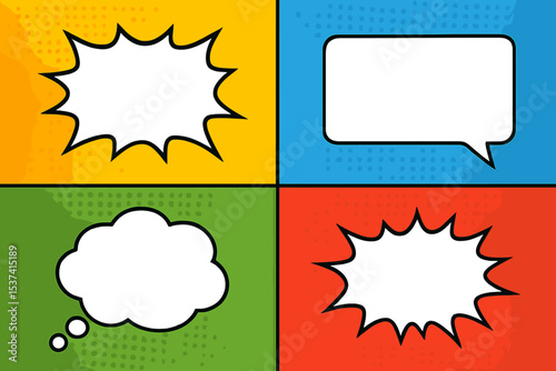 A pop art style vector illustration featuring a colorful comic book background, blank white speech bubbles in various shapes, and rays, radial, halftone, dotted effects
