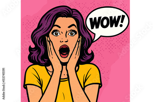 The illustration is a Pop Art depiction of a surprised girl, also described as a comic woman, with the added expressions of wow, and is suitable for an advertising poster, specifically featuring a