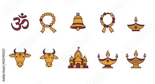Hinduism symbols vector graphic set with om, cow, temple, bell, diya, and mala for diwali festival