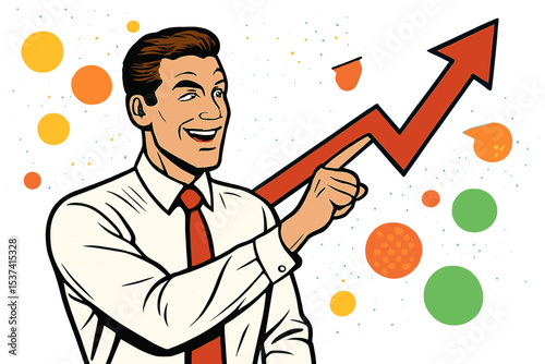A Caucasian businessman is ecstatic, standing atop a chart and yelling in triumph, depicted in a retro pop art style