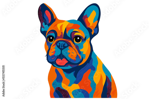A multicolored oil painting portrays a dog, specifically a french bulldog's muzzle, in an abstract and conceptual style using a palette knife on canvas