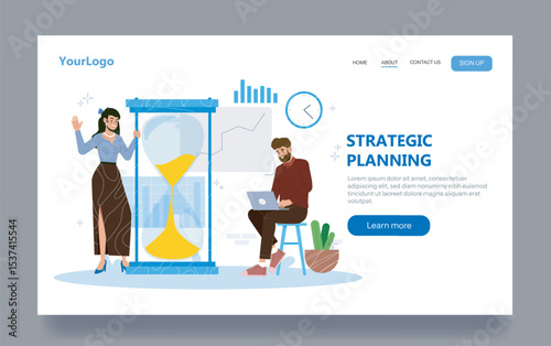 Man working on laptop and woman standing beside large hourglass, modern flat style on white background, concept of time management and planning. Vector illustration