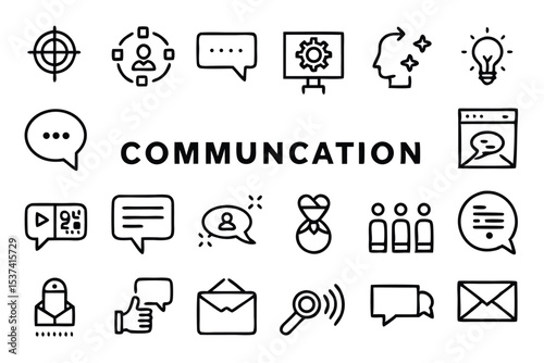 Set of minimalistic line art icons and symbols representing the concept of communication and social interaction.