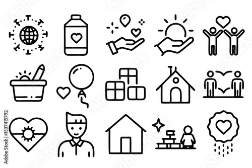 A collection of simple and clean outline icon designs illustrating concepts of giving kindness and social responsibility