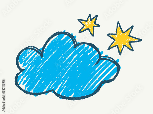 Blue cloud and two yellow stars drawn in a colorful sketch style with bold outlines on an off-white background. Concept of weather, dreams, or imagination. Vector illustration