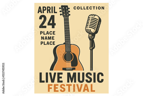 Retro-style vector poster for live music events, including a concert or festival, featuring a guitar and microphone with space for custom text