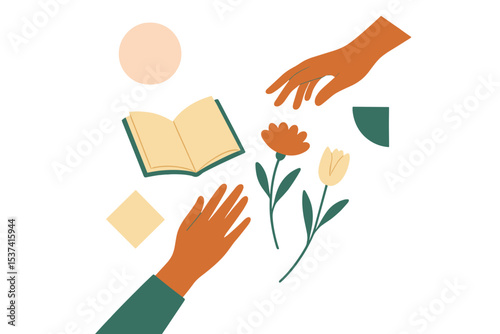 Modern design and contemporary art collage, characterized by an aesthetic of hands and trendy pastel colors, providing copyspace for advertisements or text