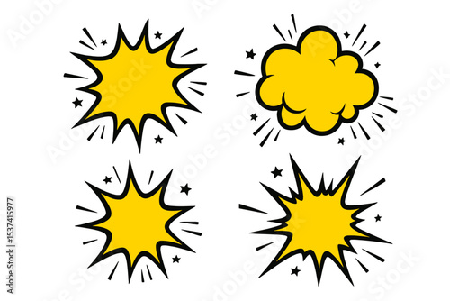A set of comic effect shapes is presented in a pop art style, complete with comic speech bubbles and a halftone dot background, conveying surprise, attention, and inspiration, all in a vector