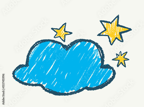 Hand-drawn blue cloud with yellow stars in crayon scribble style on light background, representing dreamy or night sky concept. Vector illustration