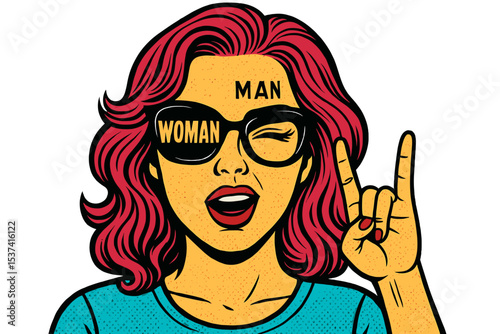 A pop art face is depicted with the phrase 'wow' in the reflection, belonging to a sexy surprised woman with pink curly hair and an open mouth, holding sunglasses in her hand, set against a vector