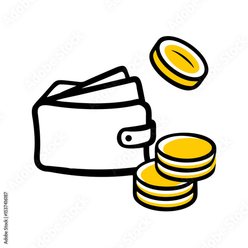 Hand Draw coins stacking into wallet on transparent background for web and graphic design