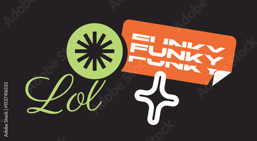 Abstract graphic design with playful Lol and Funky text, bold shapes, and vibrant colors on a black background. Concept of modern expressive typography. Vector illustration