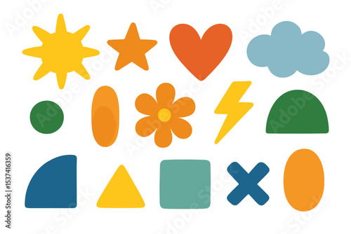 A collection of whimsical abstract elements is presented in a kidcore aesthetic, evoking the 00s and 90s, featuring humorous hippie and childish shapes and objects in a naive art style, as a flat
