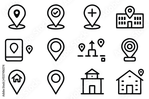 Collection of modern outline style location pin icons depicting navigation and geographic positioning concepts.