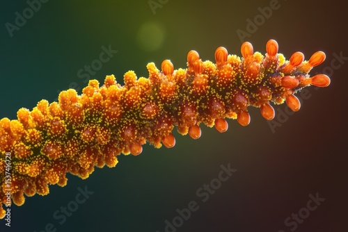 Macro shot of anthurium flower spadix showcasing its vibrant orange hue and intricate structure against a dark background.