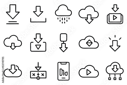 Collection of various download icons representing cloud storage mobile data internet and video concepts