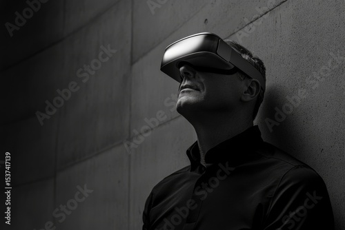 A man with a VR headset looking up against a gray textured wall, monochromatic and futuristic.
