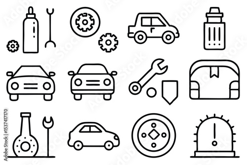Set of minimalist line art icons featuring cars repair tools and mechanical components