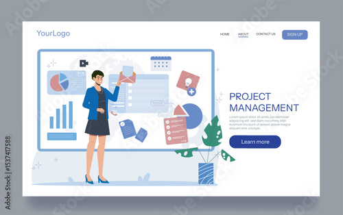 Businesswoman presenting project management data on board, flat style, on white background, concept of digital planning and corporate workflow. Vector illustration