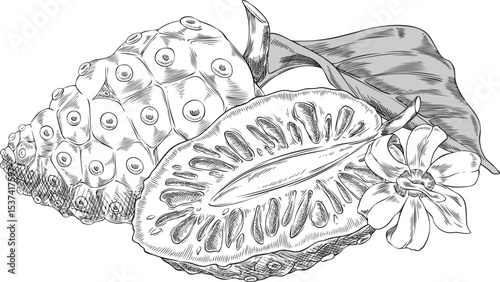 Noni fruit with leaves and flower vector sketch, hand drawn engraved morinda citrifolia, medicinal plant, super food