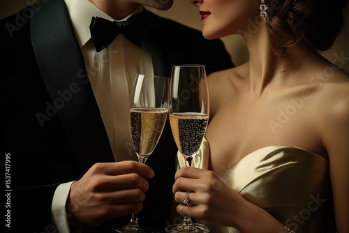Elegant couple toasting with champagne, celebrating a special occasion in their black-tie attire in a romantic setting.