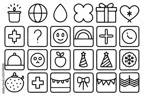A collection of hand drawn icon set in outlined style featuring various symbols and shapes