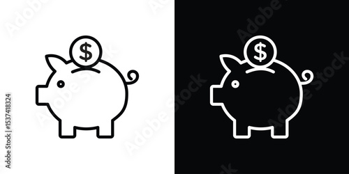 Piggy bank icon set in line.