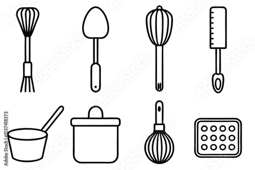 Simple outlined vector illustration of various kitchen utensils for baking and cooking activities