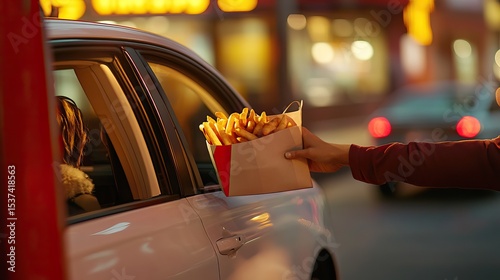 Drive-through scene with food being handed to a driver. AI generated image
