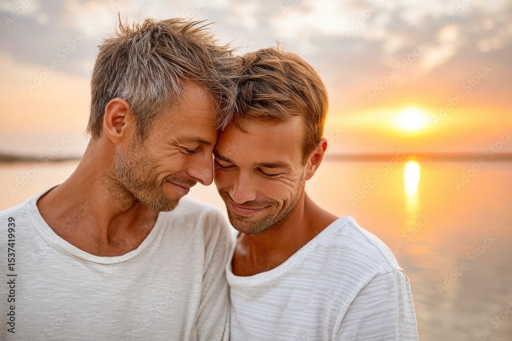 Obraz premium Loving Couple Embracing at Sunset by the Water