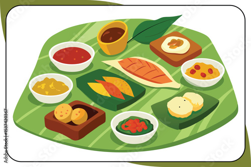 Watercolor Nine Filipino Dishes Green Banana Leaf Platter