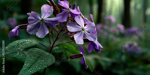 Fototapeta Naklejka Na Ścianę i Meble -  Beautiful purple flowers glisten with dew in a serene forest setting during the early morning sunlight