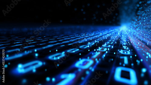 Abstract binary code and glowing particles stream rapidly across a dark digital landscape, representing data communication and technology.
