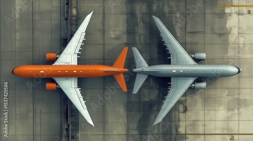 Top-down view of an orange-white airplane beside a gray passenger plane on a concrete background. Minimalistic, hyper-realistic, matte painting style with subtle colors and high resolution.