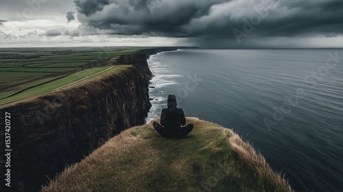 Back view of man meditating on grassy cliff above stormy sea under dark grey clouds.