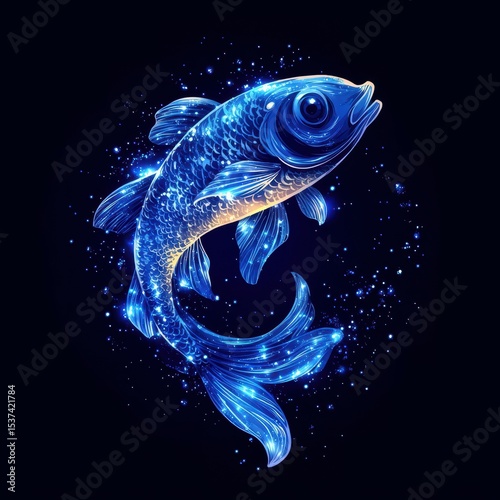 Vibrant blue fish swimming through a starry night with shimmering details and ethereal glow