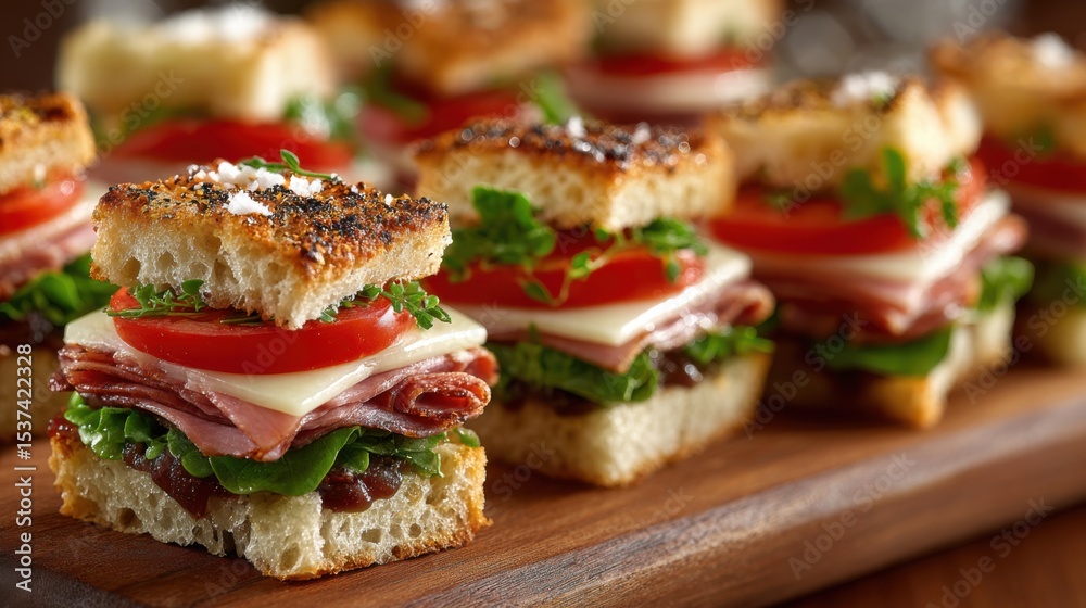 A wooden board with a variety of sandwiches on it. The sandwiches are made with different types of meats and vegetables, including tomatoes, lettuce, and cheese A wooden board with a variety of sandwiches on it. The sandwiches are made with different types of meats and vegetables, including tomatoes, lettuce, and cheese