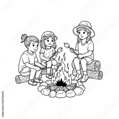 Children having fun, roasting marshmallows by campfire, joyful moments, line art, outdoor adventure
