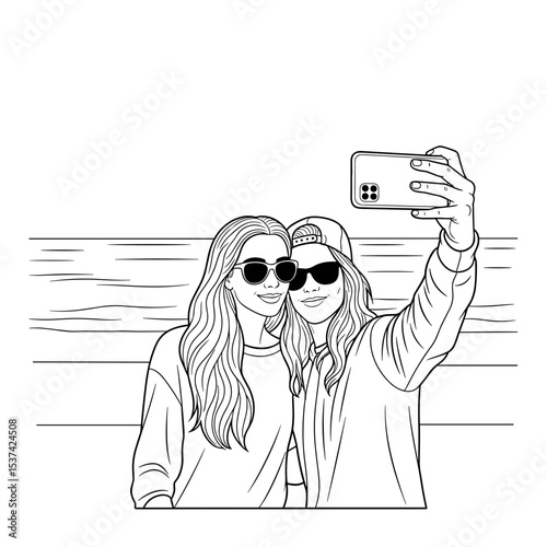 Cheerful friends, taking selfie at the beach, enjoying summer day, line art, fun moments