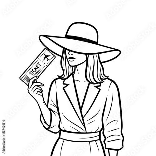 Stylish woman, holding flight ticket, ready for travel, line art, vacation excitement