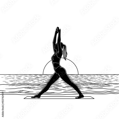 Woman practicing yoga, powerful, warrior pose, at sunset, line art, fitness and serenity