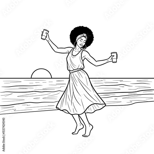 Joyful woman, dancing on the beach, enjoying sunset, holding drinks, line art, summer fun