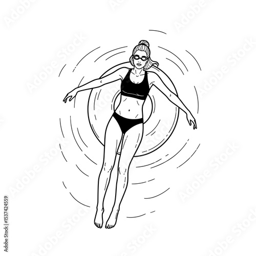 Woman swimming, relaxed, in pool, sunny day, line art, fitness and leisure
