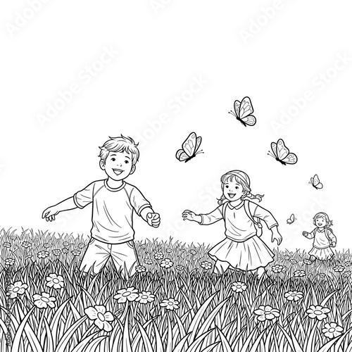 Happy children, playing in a field, chasing butterflies, sunny day, line art, childhood joy