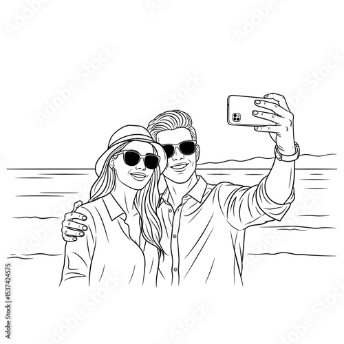 Young couple, smiling, taking selfie on the beach, sunny day, line art, summer memories